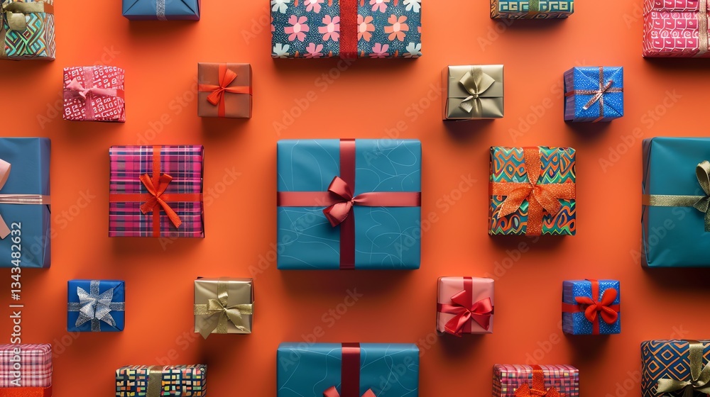 Fototapeta premium A flat lay of colorful gift boxes with bows, arranged in a grid pattern against a orange background.