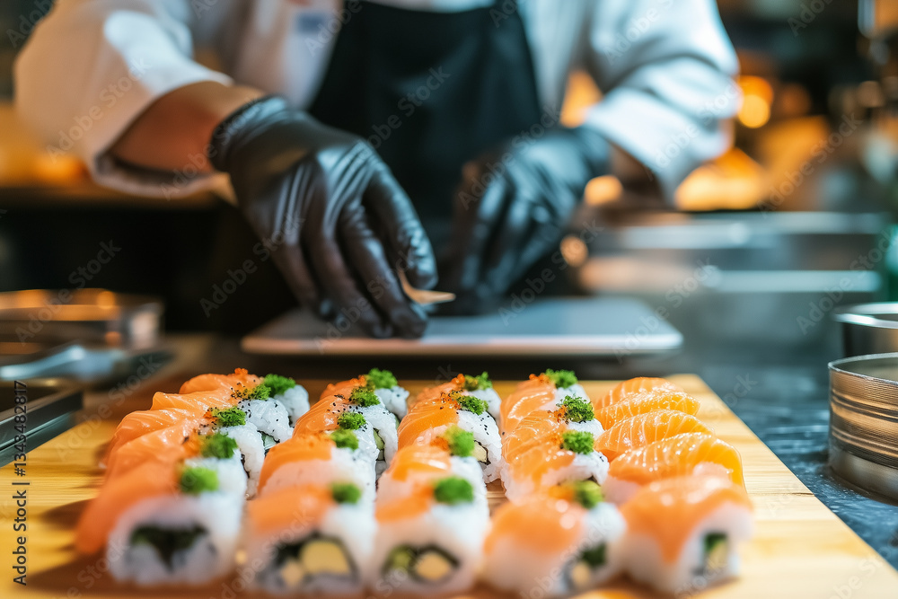 Professional Sushi Chef Preparing Fresh Salmon Rolls