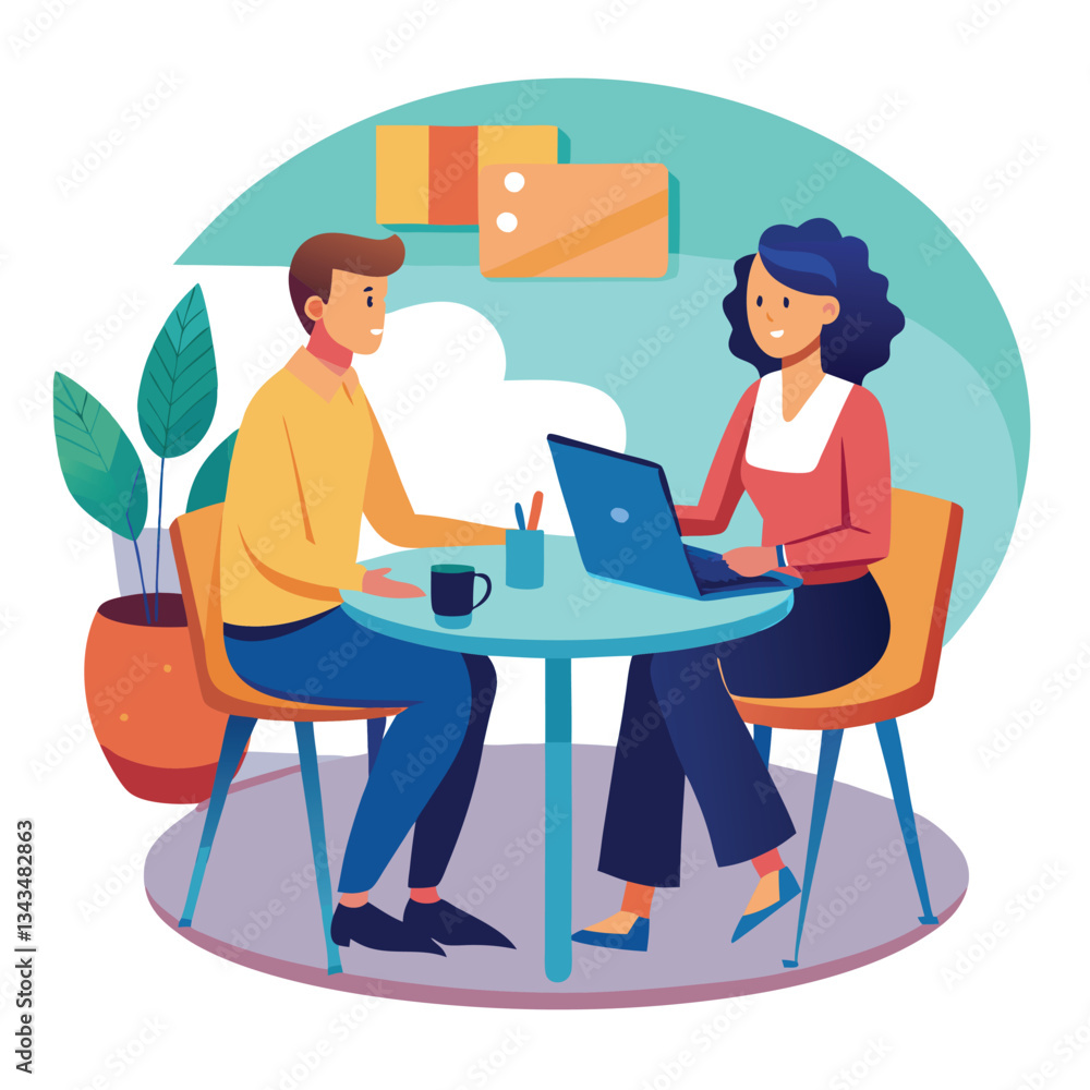 Partners meeting for business discussion with documents and laptop on desk. Couple at round table, speaking, discussing work, partnership. Flat vector illustration isolated on white background Partners meeting for business discussion with documents and laptop on desk. Couple at round table, speaking, discussing work, partnership. Flat vector illustration isolated on white background