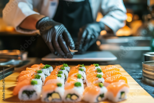Obraz na płótnie Professional Sushi Chef Preparing Fresh Salmon Rolls w salonie