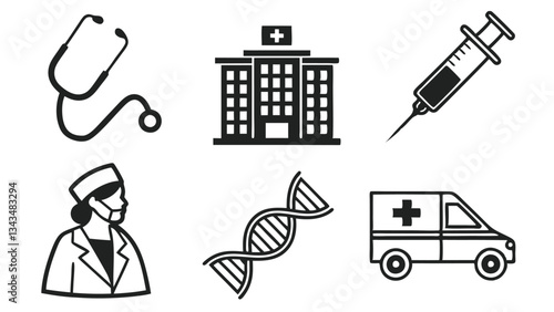 Vector illustration of science and healthcare icons, including DNA strands, doctors, hospitals, and ambulances, ideal for medical designs.