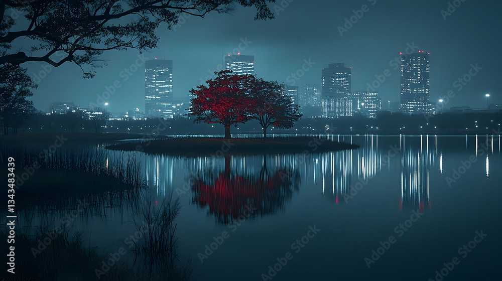 Fototapeta premium Night cityscape, red trees island, calm lake