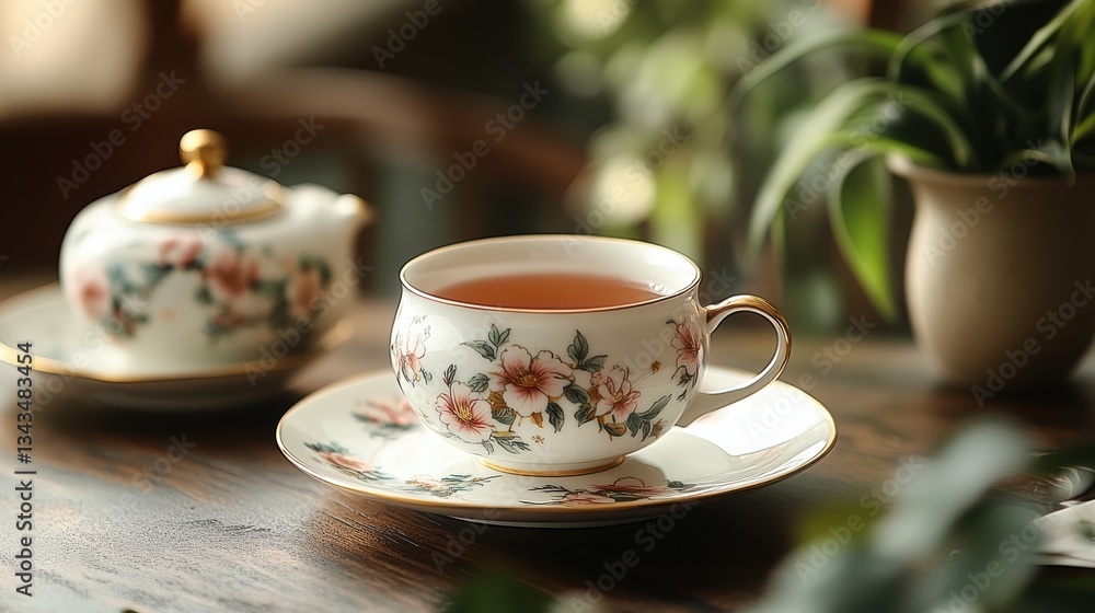 A delicate porcelain tea set, adorned with intricate floral patterns and hand-painted gold details, stood gracefully on the table, inviting the senses to savor the aroma of freshly brewed tea. A delicate porcelain tea set, adorned with intricate floral patterns and hand-painted gold details, stood gracefully on the table, inviting the senses to savor the aroma of freshly brewed tea.