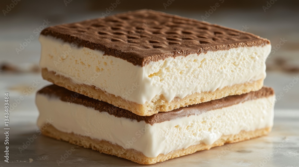 Two delightful squares of ice cream, nestled between soft, buttery cookies, a symphony of flavors and textures.