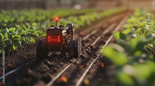 Innovative agricultural robot working autonomously in a green vegetable field
