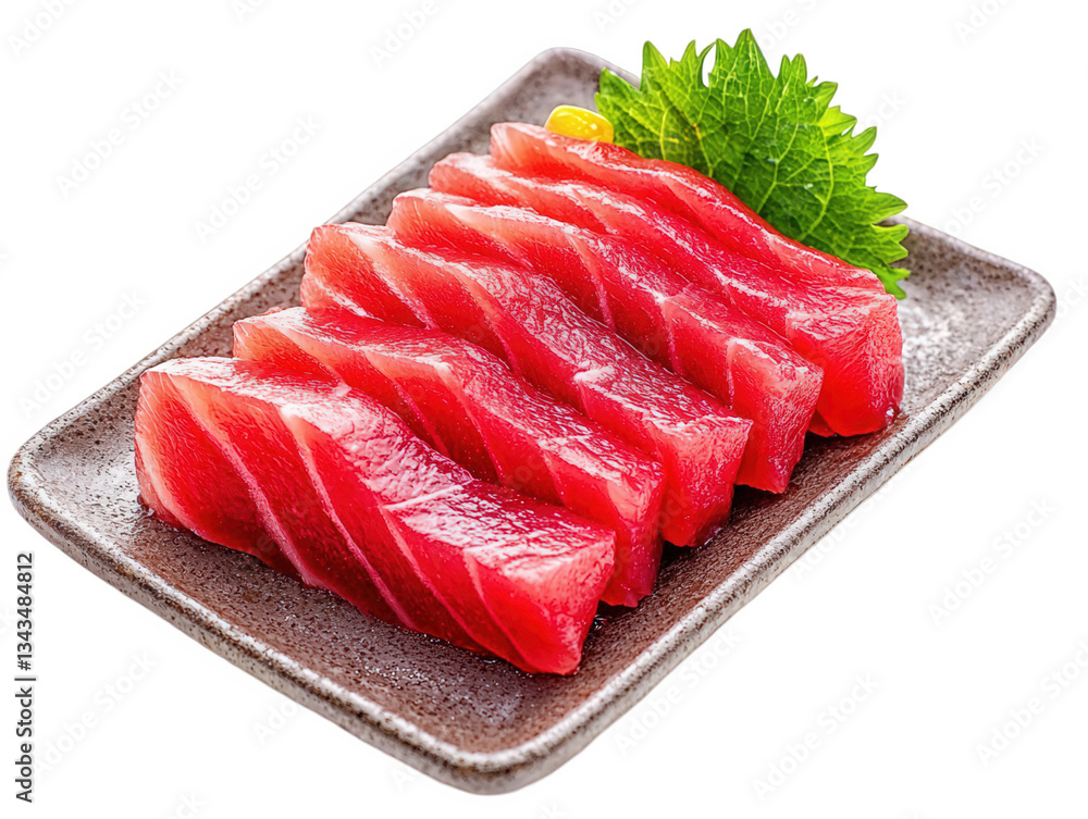 Freshly sliced tuna sashimi garnished with green shiso leaves served on a textured plate, Transparent background. Freshly sliced tuna sashimi garnished with green shiso leaves served on a textured plate, Transparent background.