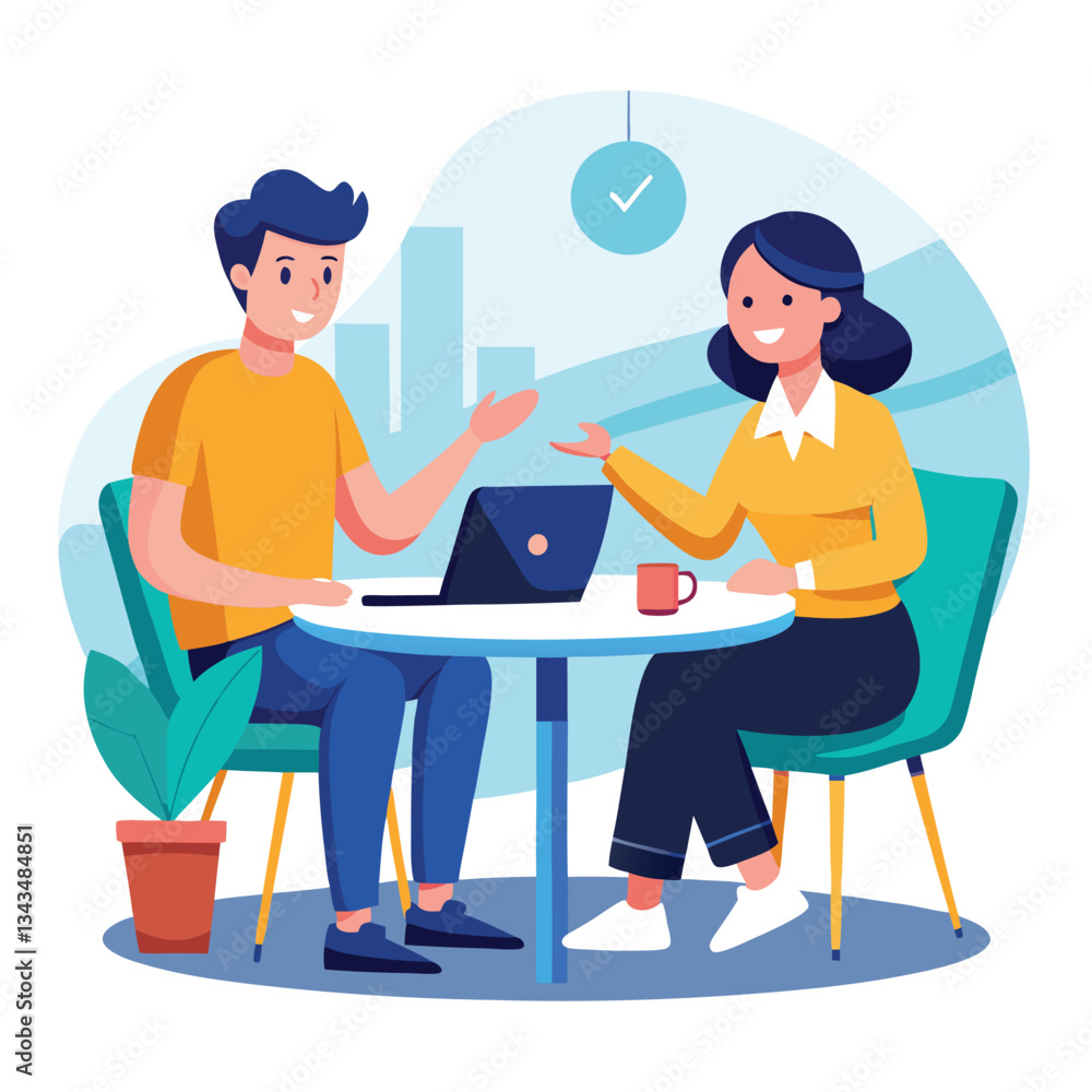 Partners meeting for business discussion with documents and laptop on desk. Couple at round table, speaking, discussing work, partnership. Flat vector illustration isolated on white background Partners meeting for business discussion with documents and laptop on desk. Couple at round table, speaking, discussing work, partnership. Flat vector illustration isolated on white background