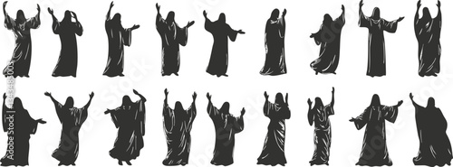 Silhouette collection of hooded figures in various poses