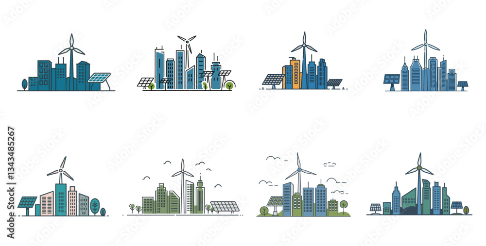 Fototapeta premium Vector illustration of an eco-friendly cityscape powered by renewable energy sources including wind turbines and solar panels.