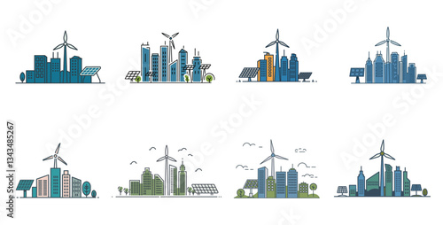 Vector illustration of an eco-friendly cityscape powered by renewable energy sources including wind turbines and solar panels.