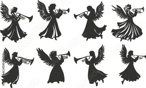 Silhouette of angelic figures playing trumpets with wings in elegant poses