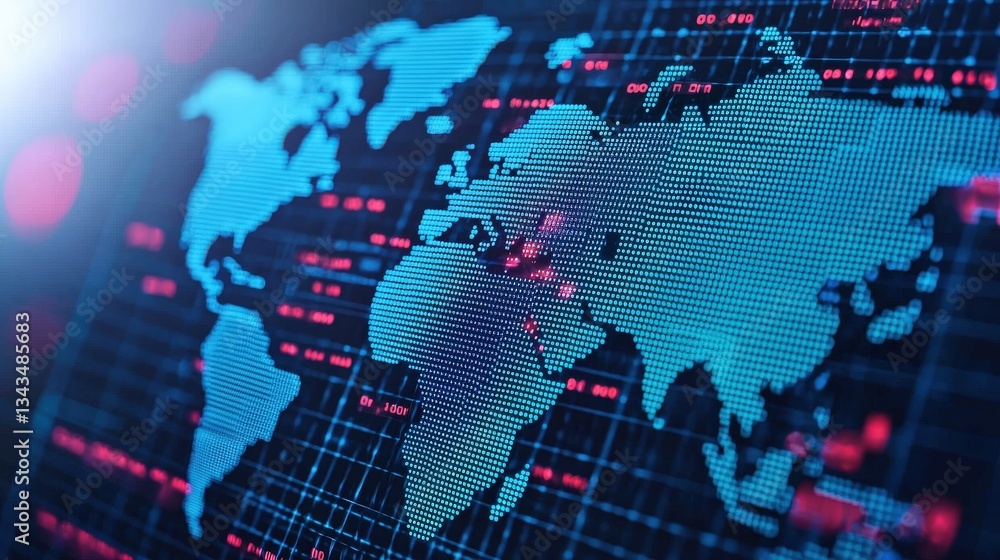 Obraz premium Import Tariffs trade revenue concept. Digital world map illustration with data visualization elements.
