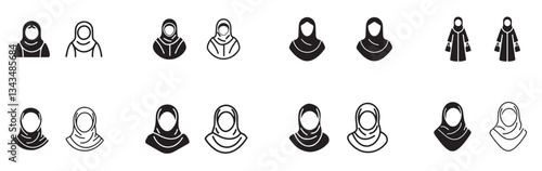 Collection of hijab-wearing woman icons in different styles and silhouettes, representing cultural diversity and modest fashion.