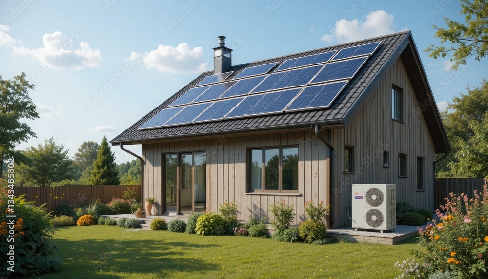 There are solar panels on the roof and a heat pump adjacent to the home. The idea of a house that uses less energy There are solar panels on the roof and a heat pump adjacent to the home. The idea of a house that uses less energy