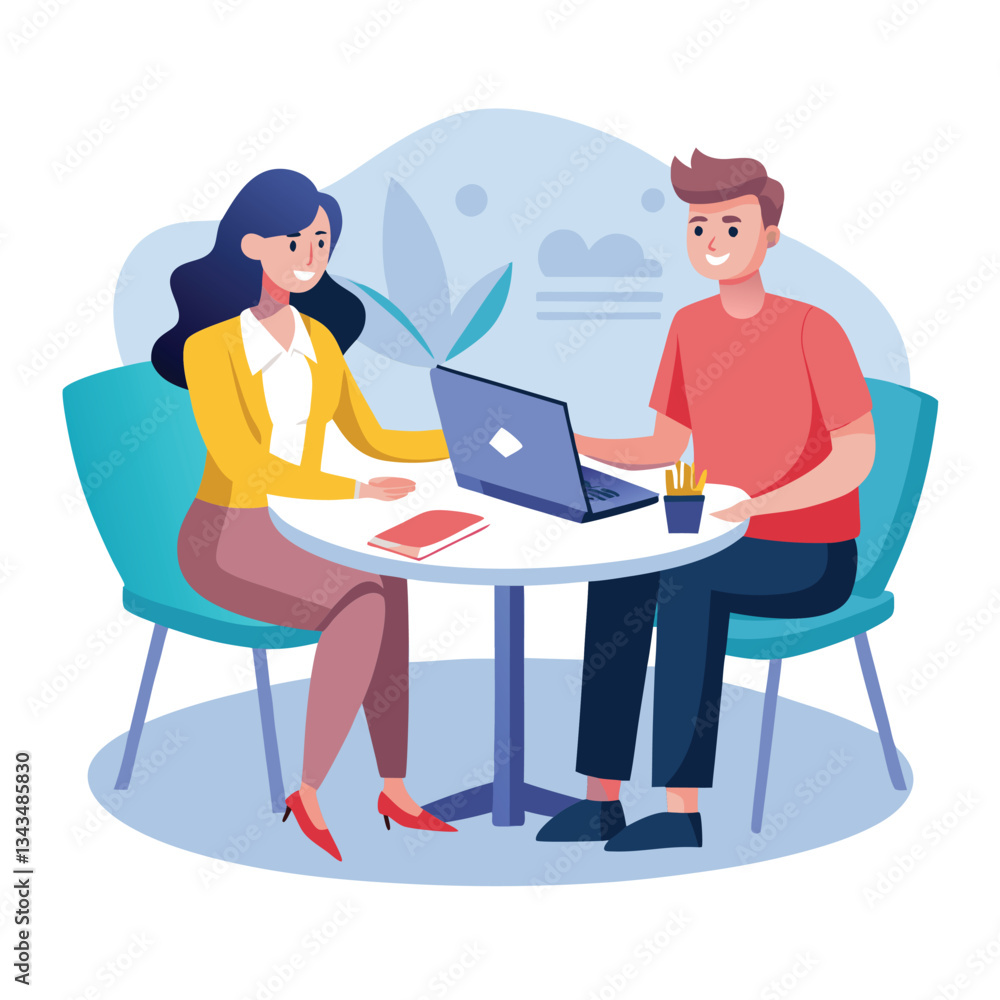 Partners meeting for business discussion with documents and laptop on desk. Couple at round table, speaking, discussing work, partnership. Flat vector illustration isolated on white background Partners meeting for business discussion with documents and laptop on desk. Couple at round table, speaking, discussing work, partnership. Flat vector illustration isolated on white background