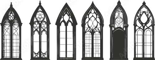 Set of six gothic style arched windows with ornate designs and intricate patterns