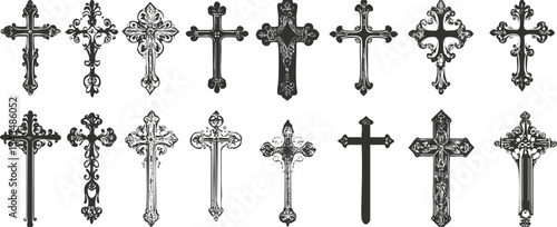 Collection of ornate decorative crosses with intricate designs