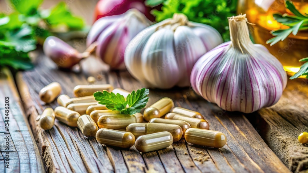 Vibrant garlic & herb capsules scattered on a rustic wooden surface, showcasing natural health benefits. Vibrant garlic & herb capsules scattered on a rustic wooden surface, showcasing natural health benefits.