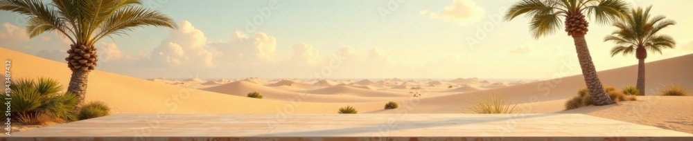 Minimalist desk surrounded by sandy dunes and palm trees, beach, summer Minimalist desk surrounded by sandy dunes and palm trees, beach, summer