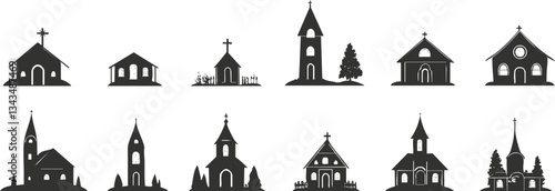 Silhouette collection of various church buildings and architecture