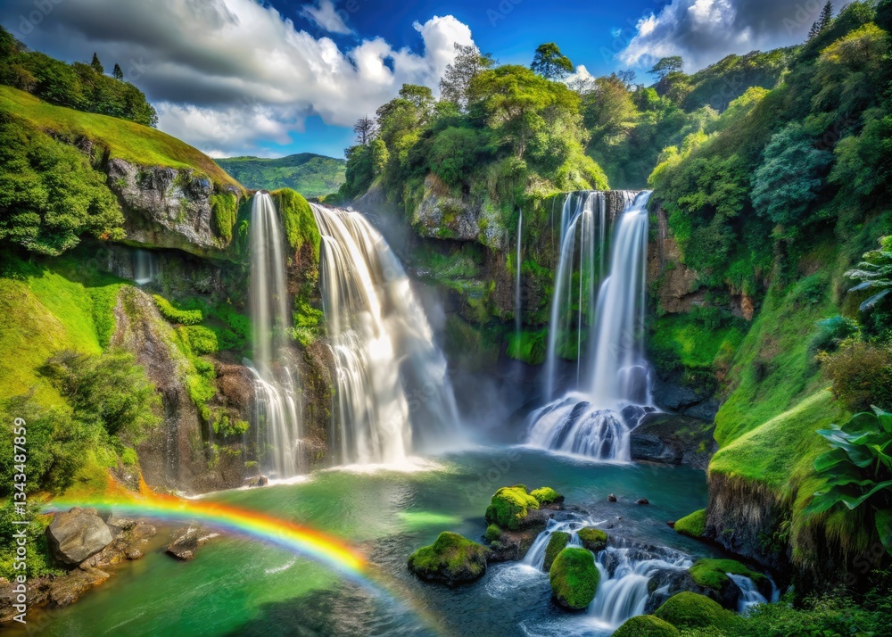 Obraz premium Vibrant Marokopa Falls rainbow arches over lush Waikato landscapes, New Zealand.