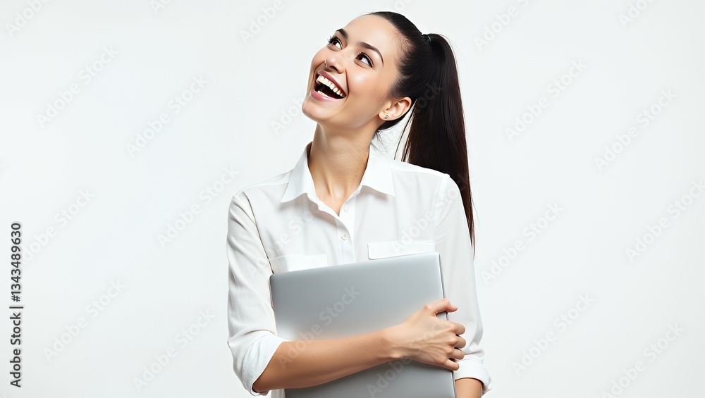 Smiling woman in white shirt holding laptop looking upwards in a joyful portrait style Smiling woman in white shirt holding laptop looking upwards in a joyful portrait style
