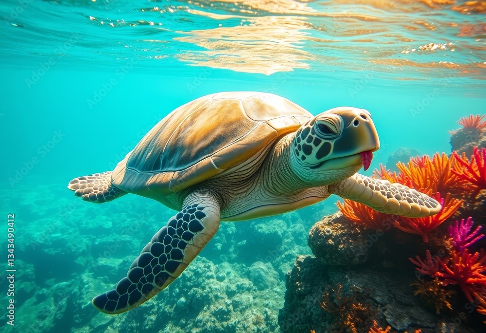 Obraz premium Serene underwater scene featuring a majestic sea turtle gracefully swimming amidst vibrant coral reefs