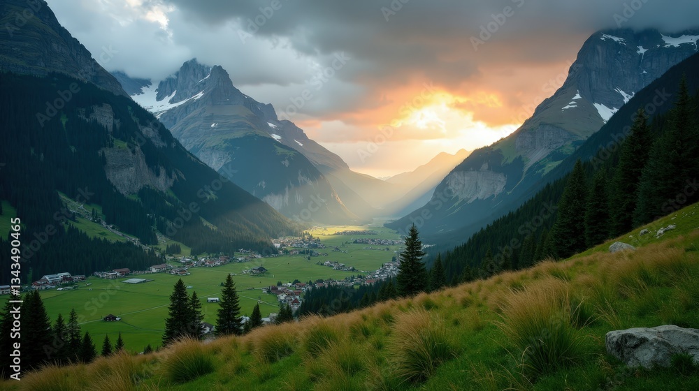 Obraz premium Misty Engadin Valley in Switzerland at dawn, covered in rain-soaked greenery. The moody atmosphere is enhanced by low clouds and soft morning light. A high-quality landscape photo.