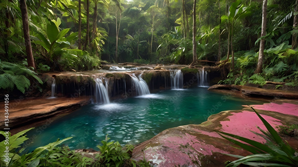 Naklejka premium Lush tropical landscape with waterfalls rustic walkway vibrant foliage and serene natural scenery