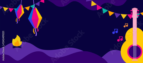 Festa junina poster . Summer brazilian carnival banner with icons of music, lanterns, flowers, hats and flags. june festival in Brazil, vector illustration