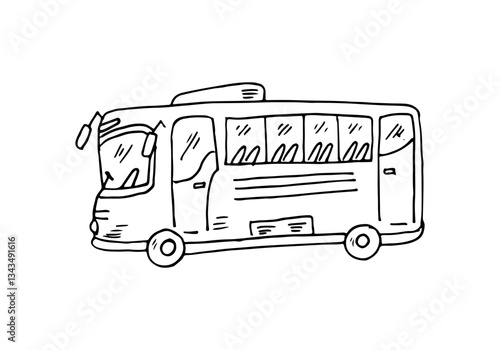 Side view hand-drawn public bus cartoon doodle vector transportation.