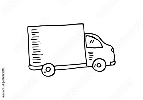 Cartoon line drawing simple doodle delivery small truck vector transport.