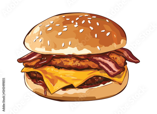 Delicious meat burger, double burger with crispy chicken meat, salad and sauce isolated on white background.