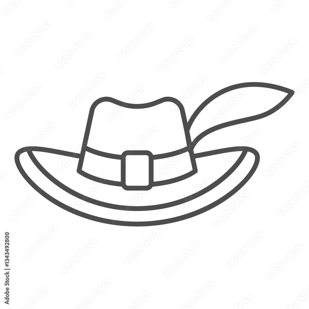 Musketeer man hat with feather thin line icon, fairy tale headwear concept. Vector graphics. Small cylinder hat sign on white background, outline style icon for mobile or web design. Musketeer man hat with feather thin line icon, fairy tale headwear concept. Vector graphics. Small cylinder hat sign on white background, outline style icon for mobile or web design.