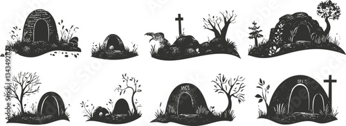 Ancient stone tombs and nature elements illustration with crosses and trees