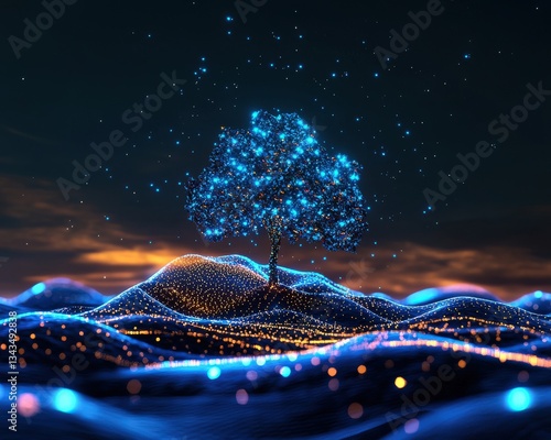 A glowing keyword tree in the middle of a digital landscape.
