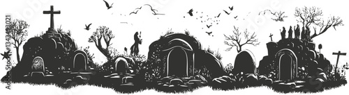 Ancient burial site with crypts and crosses in a serene landscape