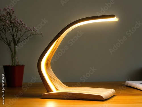 A simple wooden table with a lamp placed on top, ideal for use in offices, homes or as a decorative piece