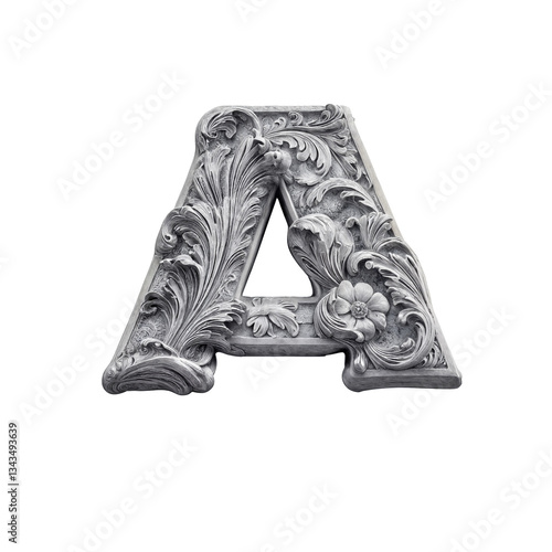 Ornate bas-relief letter A with intricate floral carvings, sculpted in stone-like material. Its baroque details and grayscale tones create a luxurious, three-dimensional, artistic masterpiece