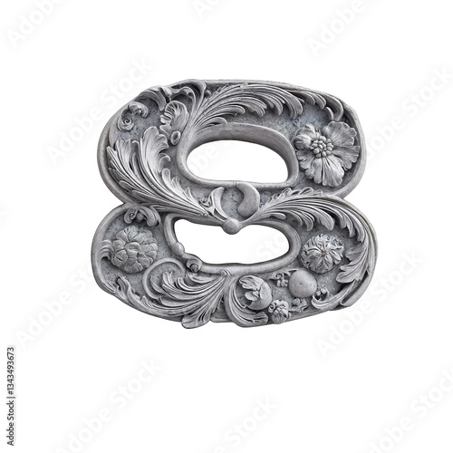 Ornate bas-relief number 8 with intricate floral carvings, sculpted in stone-like material. Its baroque details and grayscale tones create a luxurious, three-dimensional, artistic masterpiece