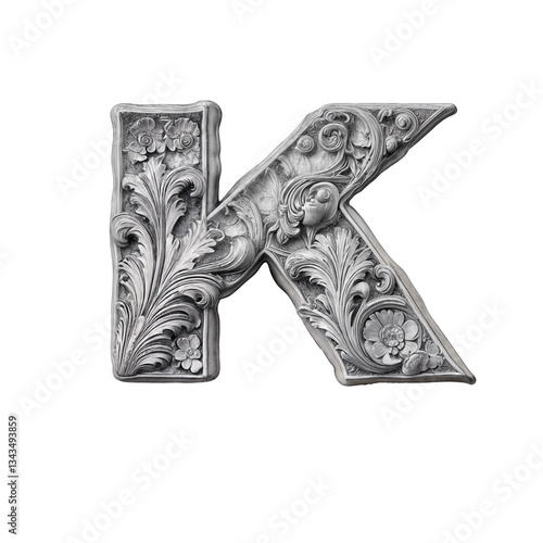 Ornate bas-relief letter K with intricate floral carvings, sculpted in stone-like material. Its baroque details and grayscale tones create a luxurious, three-dimensional, artistic masterpiece