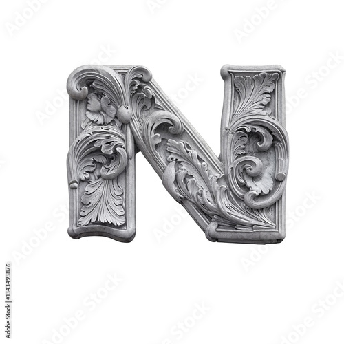 Ornate bas-relief letter N with intricate floral carvings, sculpted in stone-like material. Its baroque details and grayscale tones create a luxurious, three-dimensional, artistic masterpiece