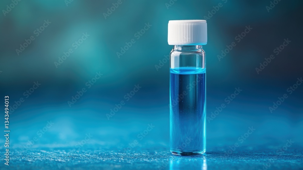 A small, white vial, filled with a vibrant blue liquid, rested on a pristine blue surface, ready for its close-up. A small, white vial, filled with a vibrant blue liquid, rested on a pristine blue surface, ready for its close-up.