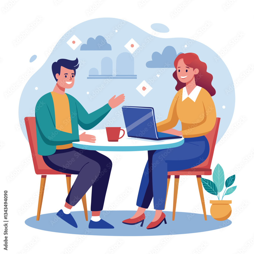 Partners meeting for business discussion with documents and laptop on desk. Couple at round table, speaking, discussing work, partnership. Flat vector illustration isolated on white background Partners meeting for business discussion with documents and laptop on desk. Couple at round table, speaking, discussing work, partnership. Flat vector illustration isolated on white background