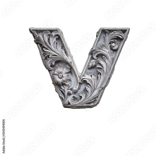 Ornate bas-relief letter V with intricate floral carvings, sculpted in stone-like material. Its baroque details and grayscale tones create a luxurious, three-dimensional, artistic masterpiece