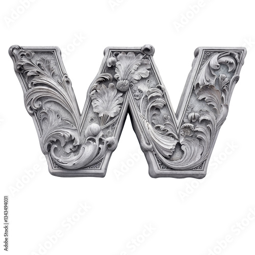 Ornate bas-relief letter W with intricate floral carvings, sculpted in stone-like material. Its baroque details and grayscale tones create a luxurious, three-dimensional, artistic masterpiece
