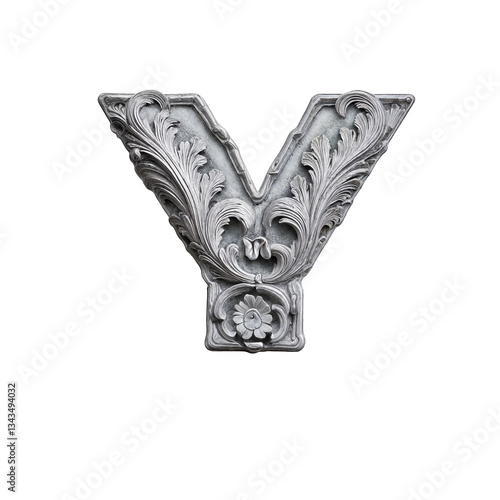 Ornate bas-relief letter Y with intricate floral carvings, sculpted in stone-like material. Its baroque details and grayscale tones create a luxurious, three-dimensional, artistic masterpiece