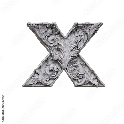 Ornate bas-relief letter X with intricate floral carvings, sculpted in stone-like material. Its baroque details and grayscale tones create a luxurious, three-dimensional, artistic masterpiece