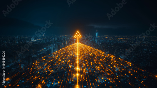 Digital upward arrow glowing over night cityscape with streaming data visualization, representing business growth and technological advancement. Perfect for financial technology concept