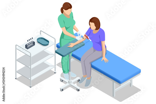 A nurse in green scrubs is drawing blood from a seated woman s arm in a medical examination room. A medical cart with vials and supplies is nearby. Isometric vector illustration.